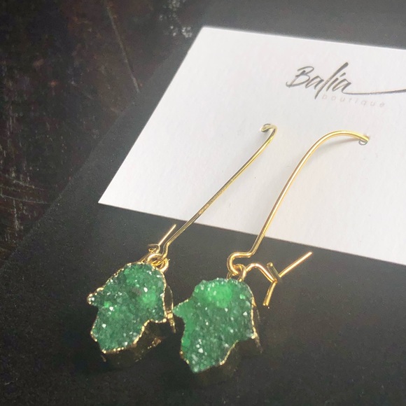 New Handmade Druzy Hamsa Hand Drop Earrings 💚 - Picture 4 of 12